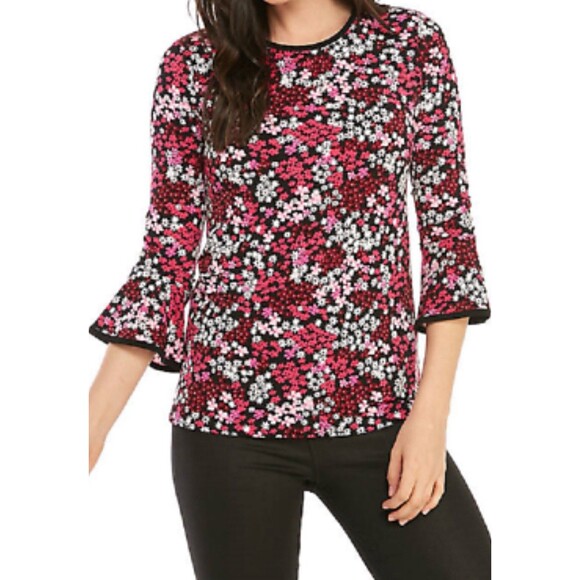 Michael Kors Tops - MICHAEL KORS BLACK PINK FLORAL CAREER TOP BLOUSE SIZE Petite Medium 01/06